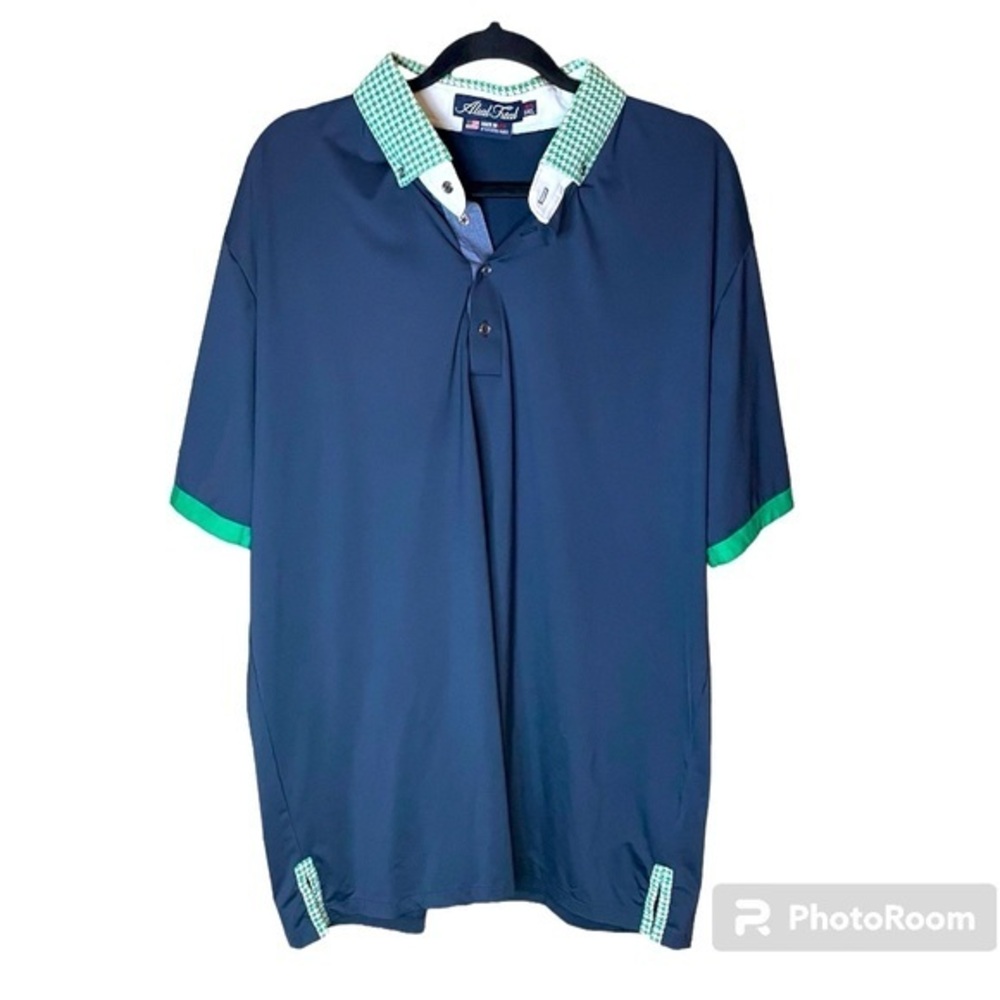 Alial Fital Navy Blue with Green Houndstooth Collar Short Sleeve Golf Polo‎ 2XL